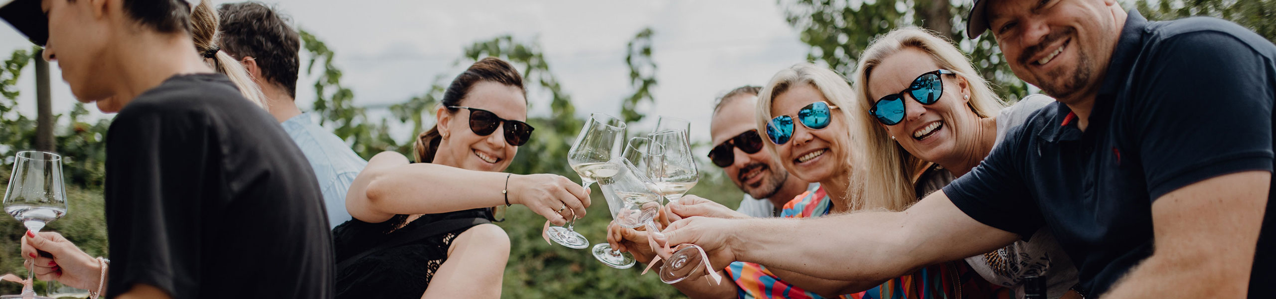 Menschen stoßen mit Wein an und machen eine Traktortour